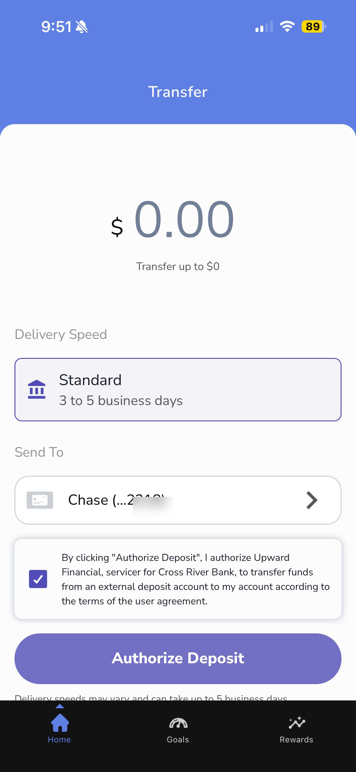 Instant bank transfer screen
