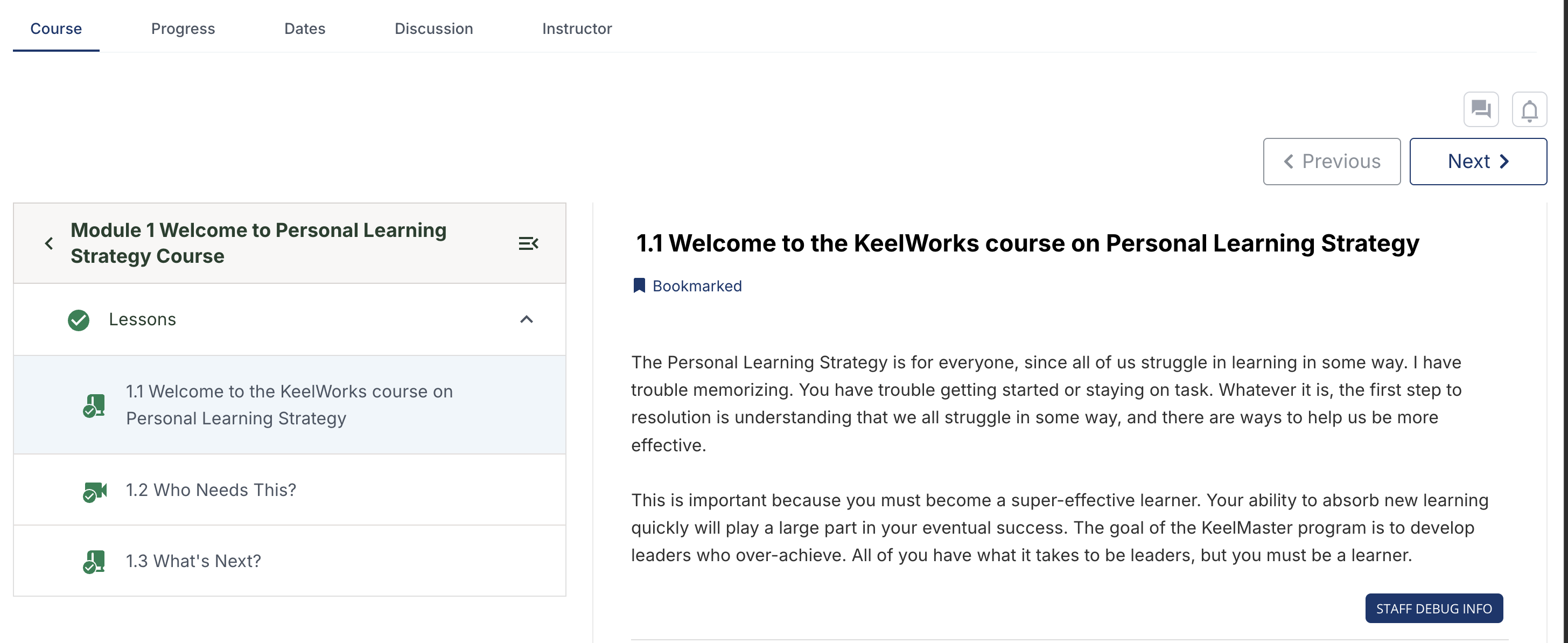 KeelLearn lesson view with sidebar navigation and content panel